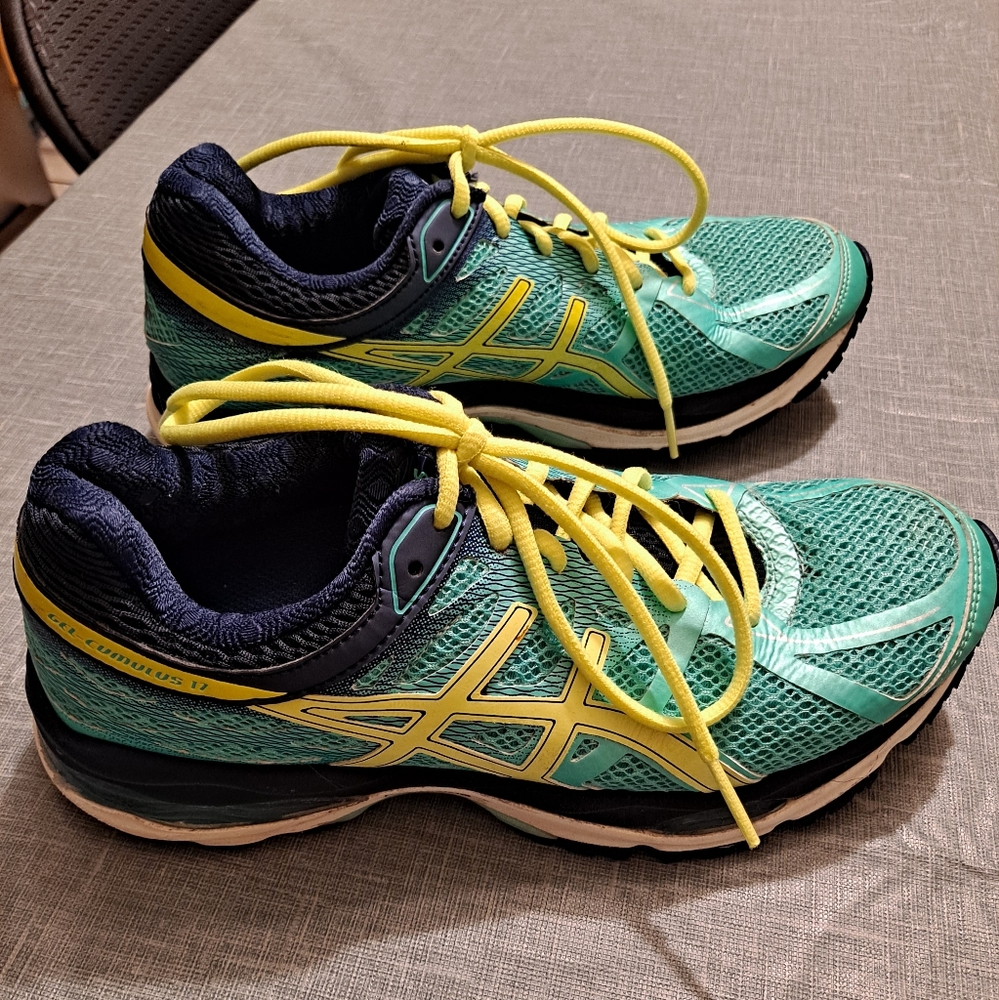 Asics Aqua Navy Blue Neon Yellow Gel Cumulus 17 Women's Size 6.5 Running Shoes
